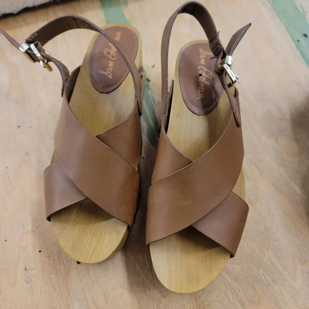 Sam Edelman Bentlee Brown Leather Studded Open Toe Platform Wedge Sandals 8.5M - Picture 3 of 7